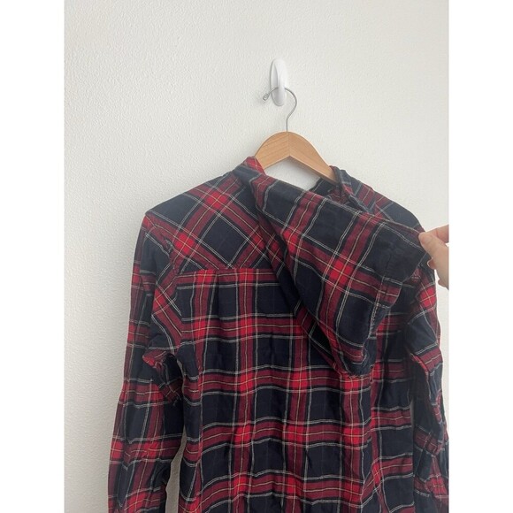 TNA Grunge Gothic Punk Red Black Plaid Button Up Hooded Flannel Shirt Small - Picture 4 of 6